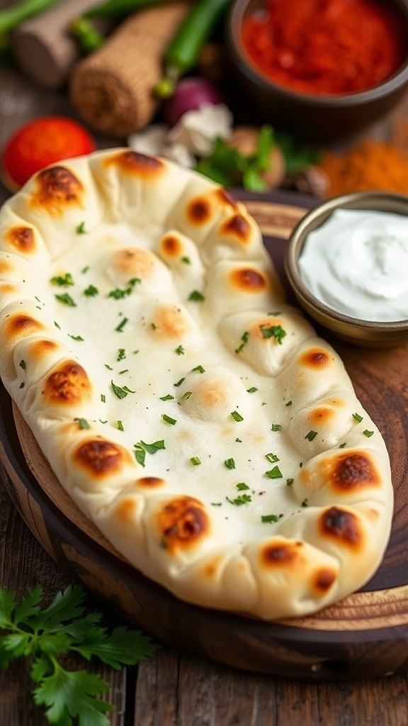 Golden brown gluten-free naan bread on a wooden board with yogurt dip and herbs.